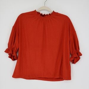 Madewell Women's Ruffle Mock Neck Short Sleeve Clip Dot Top Russet Orange Small